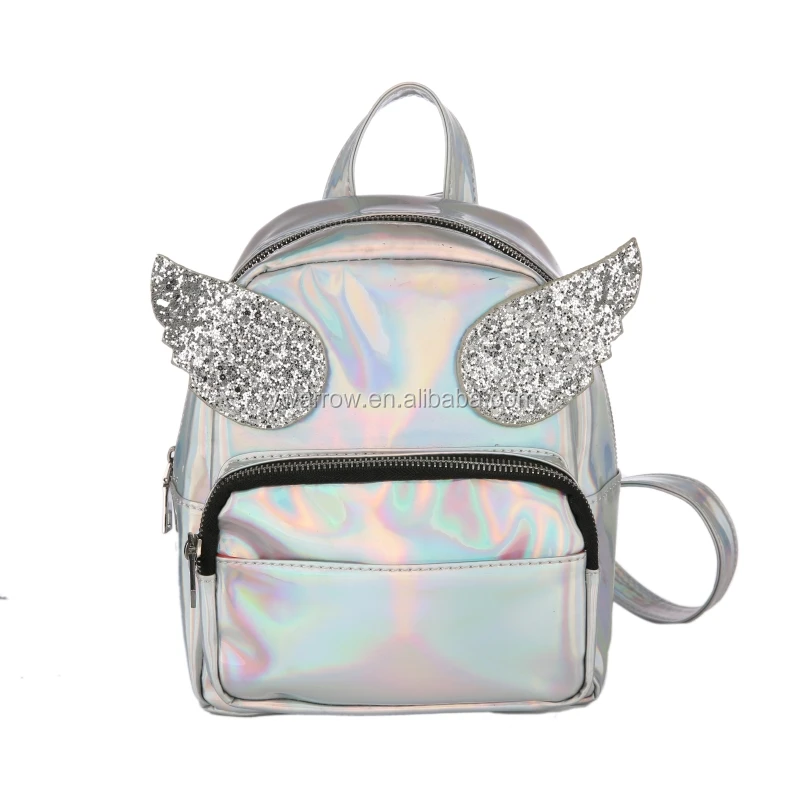 Trendy Travel Camping Mini Bag Hiking Backpack Angel wing Soft girl Student  Holographic laser silver PU backpack bag