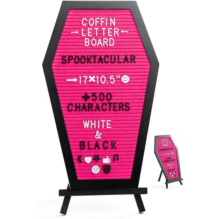Black Felt Coffin Letter  Message Board for Halloween Decorations 17x10.5, 500 White Changeable Characters, Wooden Stand