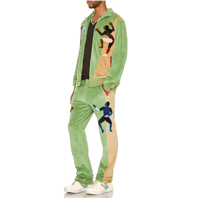 Custom wholesale mens velour track suit with chenille embroidered exercise sets