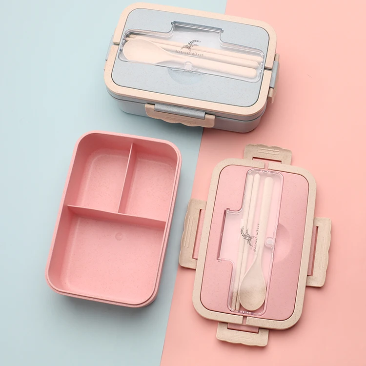 Hot Sell Wheat Straw Plastic Food Container Lunch Box with Chopsticks And Spoon