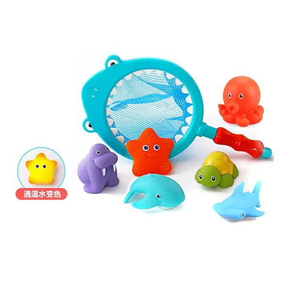 2024 Starfish Octopus Sense Temperature Discoloration Squirt Spray Water Ocean Animal Baby Bath Toy Animal with Spoon Net