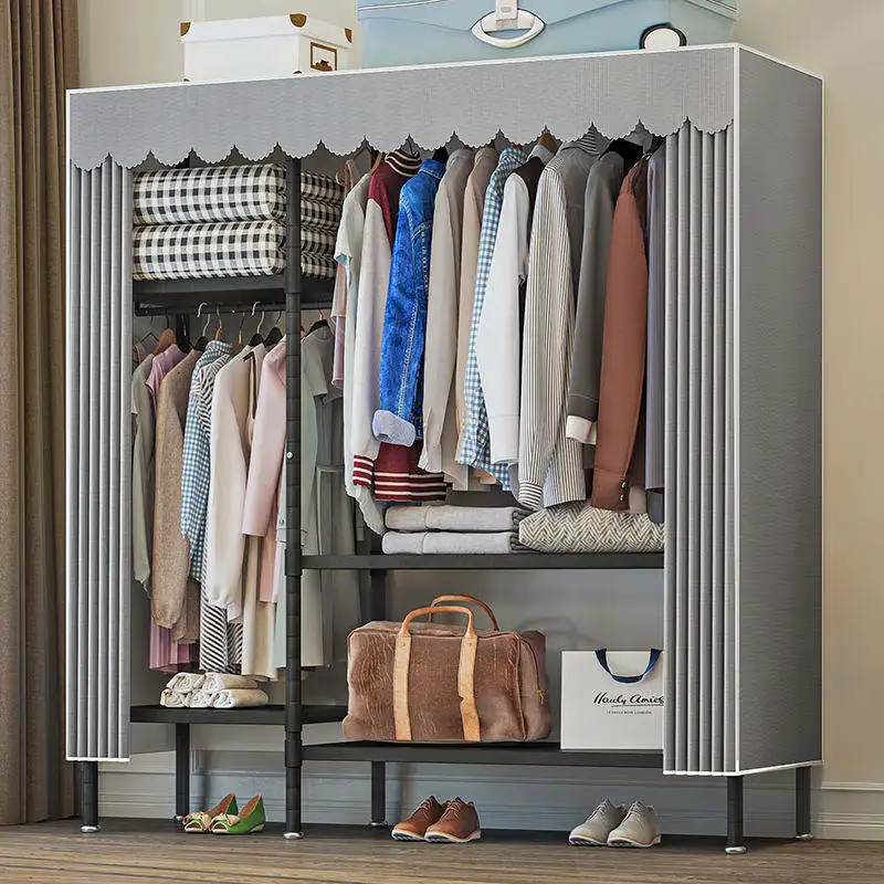 Wholesales Cheap Metal Fabric Wardrobe Sliding Door Non Woven Clothes Wardrobe 4 Layers Partition Storage Wardrobe