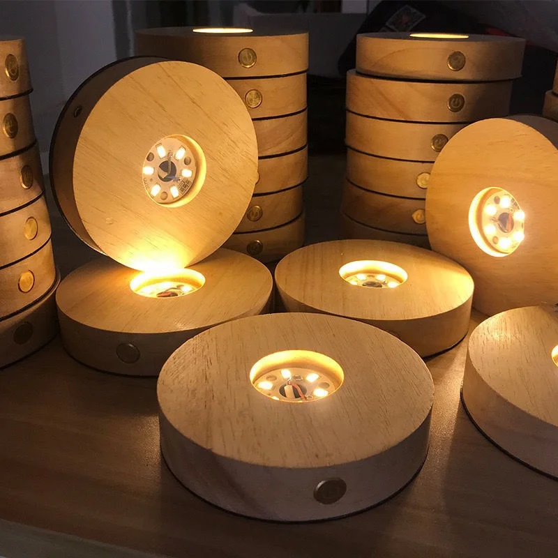 Оптовая продажа, настольная Usb-лампа с деревянной основой для спальни, светодиодный 3d ночник, круглый