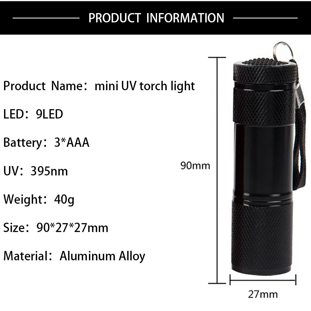 AAA Battery Powered Handheld UV Flashlight Black Light 395nm Mini Light Torch Detector 9LED UV Flash light for for Dog Pet