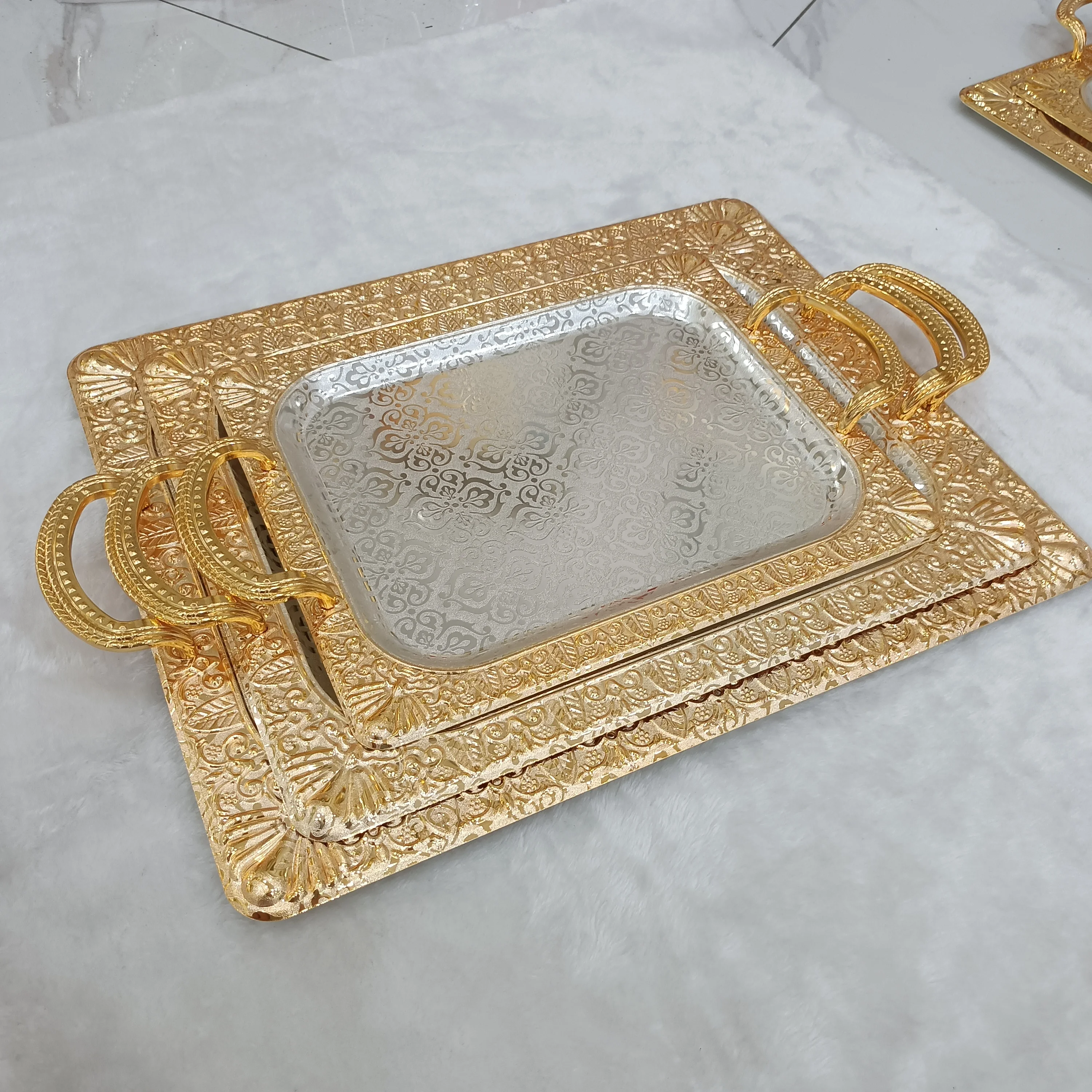 Golden serving trays louche pour buffet wedding food dessert service gold handles silver stainless steel oval serving trays