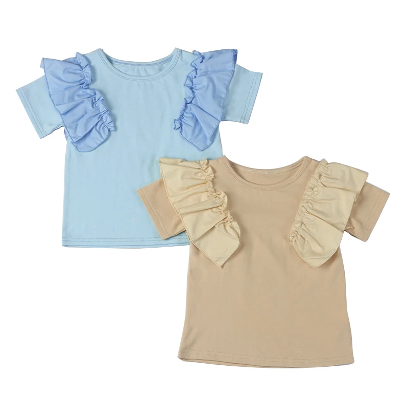 Sweet OEM Short Sleeve Plain Summer Girl T-shirts Ruffles Children Blouse
