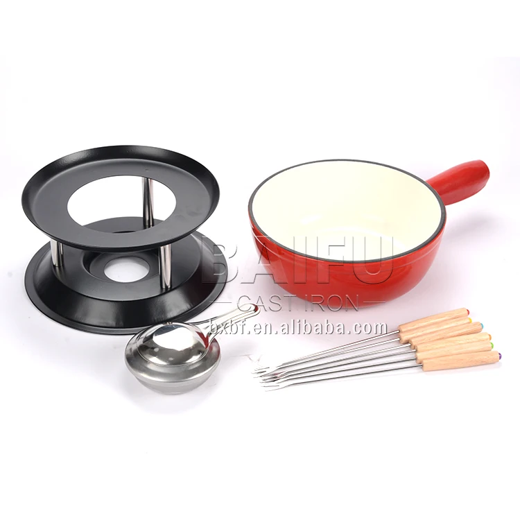 2-Quart Enamel Cast Iron Fondue Set Cheese Melting Pot Metal Stand with Stainless Steel Forks and Burner