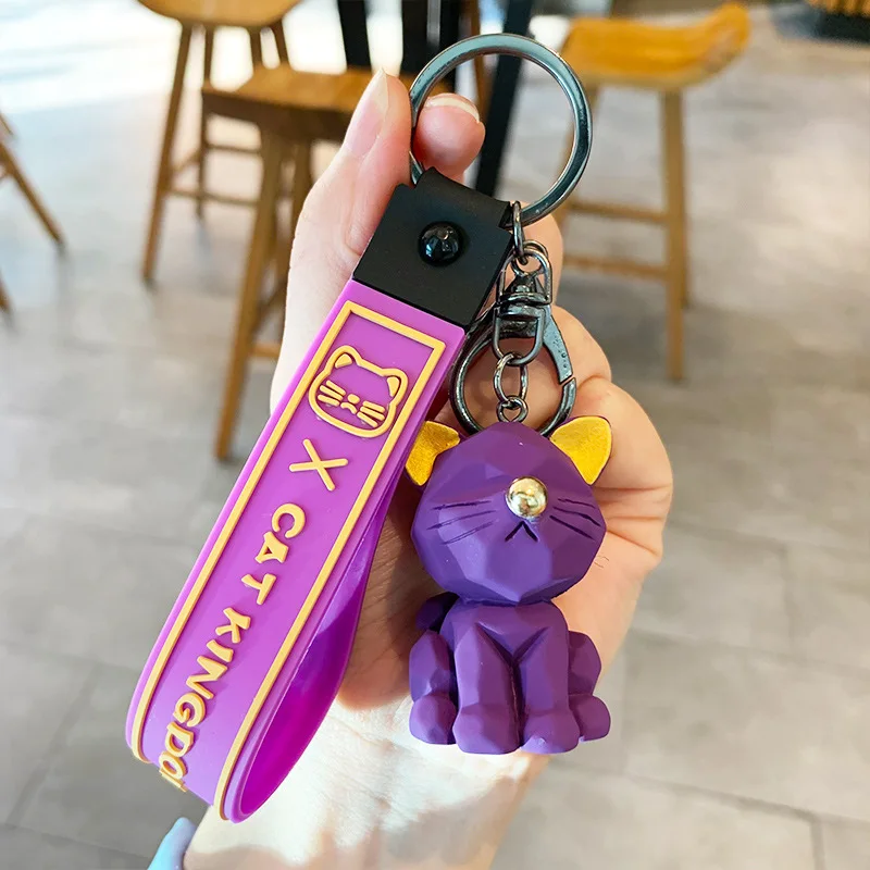 KC293C Wholesale Cartoon Resin Geometric Cat Keychain Fashion Bag Car Bag Pendant Cat Key Chain for Girl