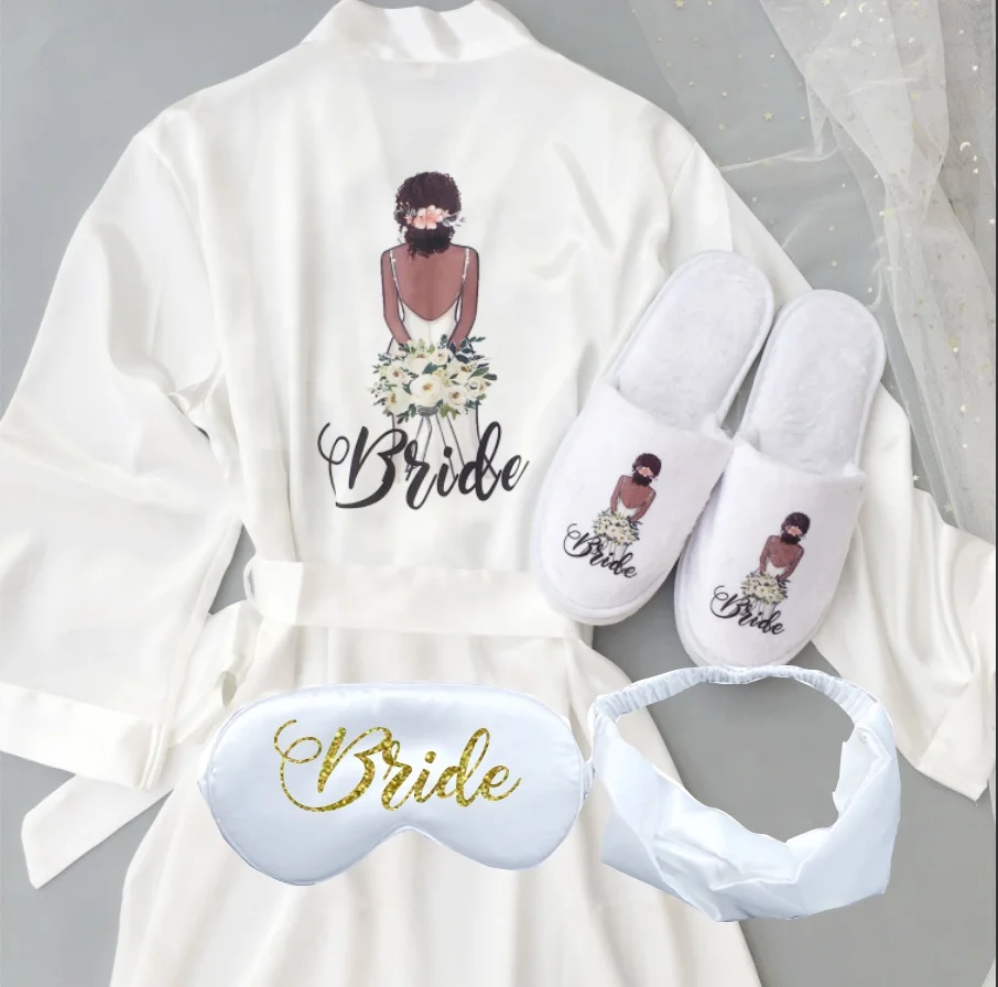 Wholesale Satin Bride and Bridesmaid Silk Robe Wedding Designer Bathrobe Short Robe with Printing Photos