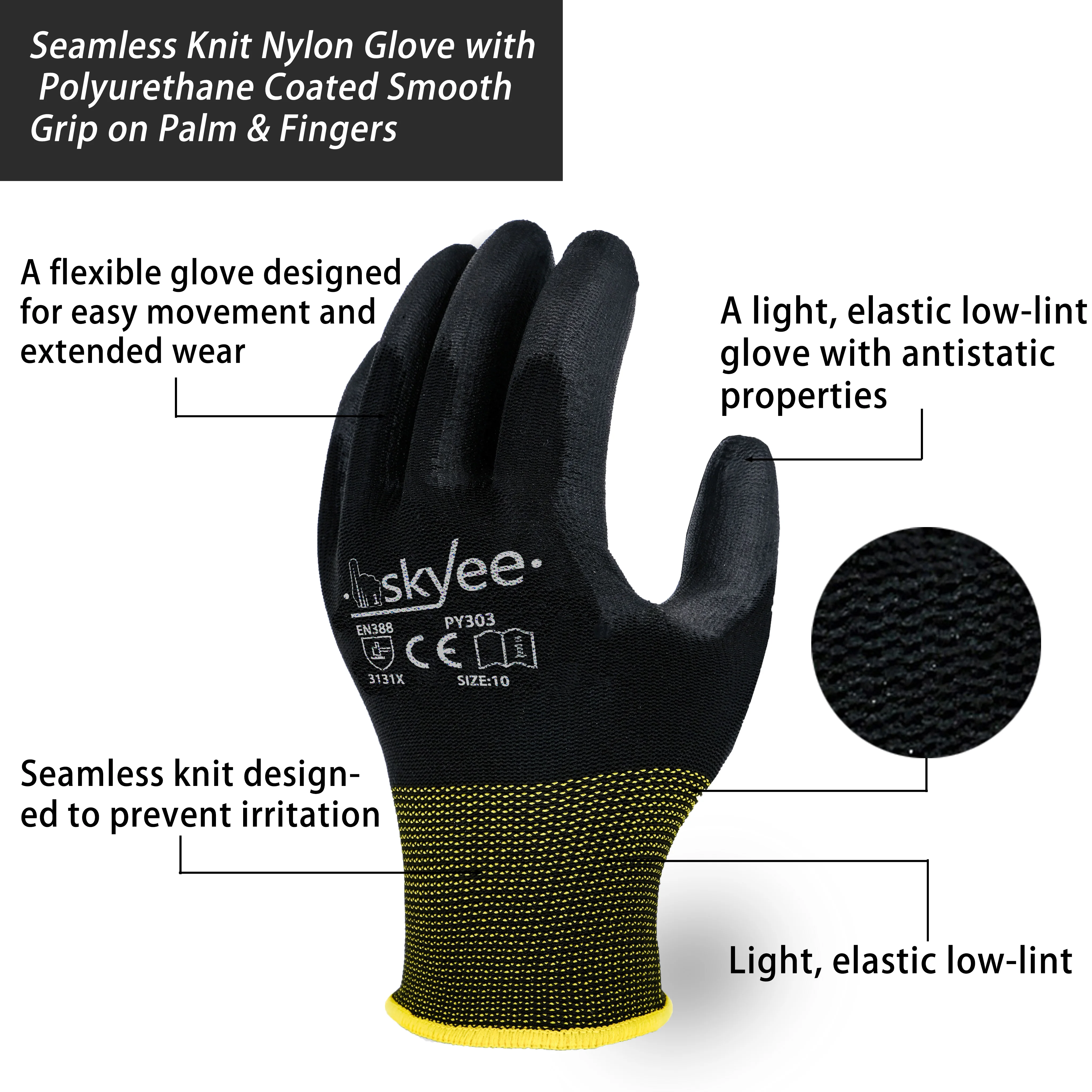 SKYEE custom black pu coated nylon shell cut resistant ansi 5 anti slip protect safety work garden gloves for warehouse
