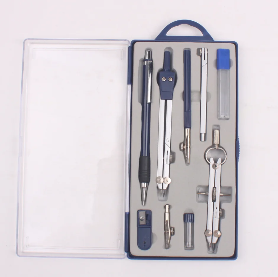 Math Geometry Kit Multi Functional Drawing Compasses 9PCS Set School Students Safety Metal Compass Set