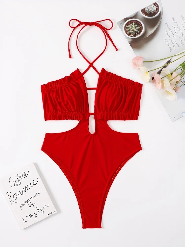 Custom Logo Black Sexy Women One Piece Swimsuit Female High Neck Swimwear Beachwear Bathing Suit One-Piece Girls Bikini Set