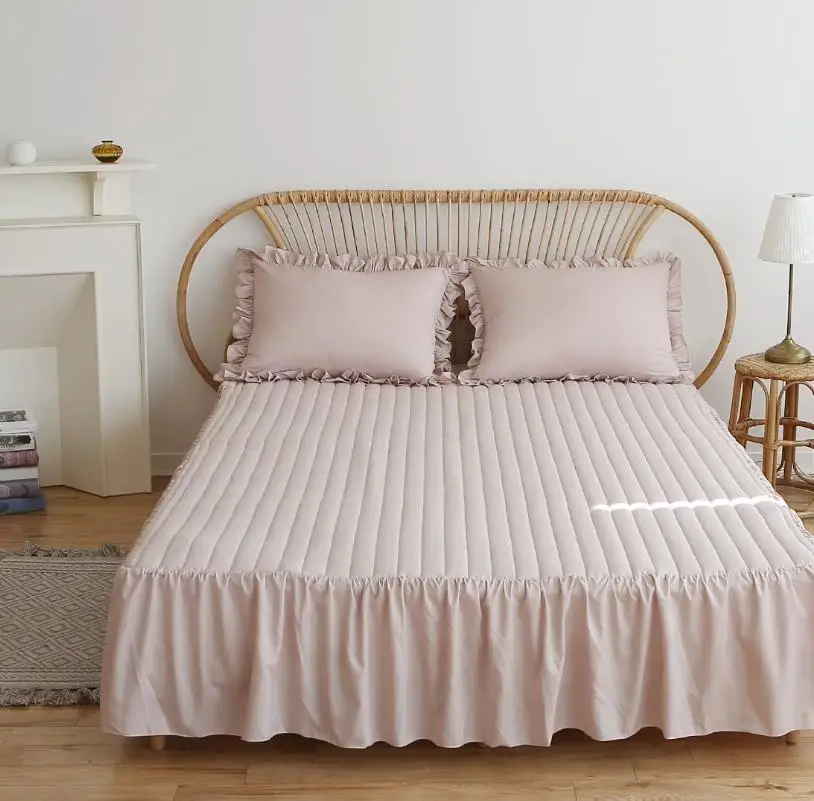 Korea Style Quilted Mattress Protector Cover Elastic Band Fitted Bed Skirt with Princess Frill Plain Summer Hospital Bed Cover