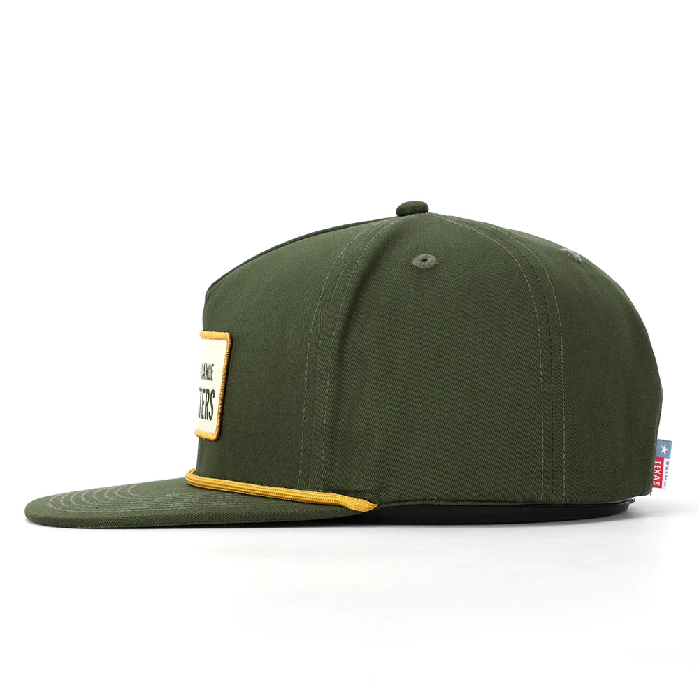 BSCI Oem Custom High Quality Classic 5 Panel Army Green Cotton Embroidery Woven Patch Logo Rope Snapback Cap Hat