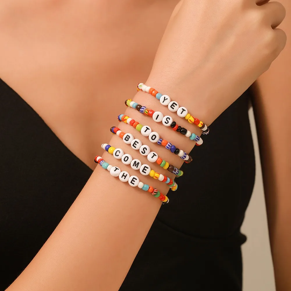 Factory Wholesale Bohemian Style Positive Energy Letter Bead Bracelet Fashion Color Seed Pearl Bracelet