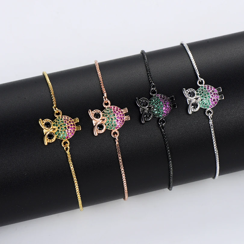 Jewelry Adjustable Chain Bracelet Luxury Copper Green and Fuchsia Cubic Zirconia Animal Charm Owl Bracelets for Women