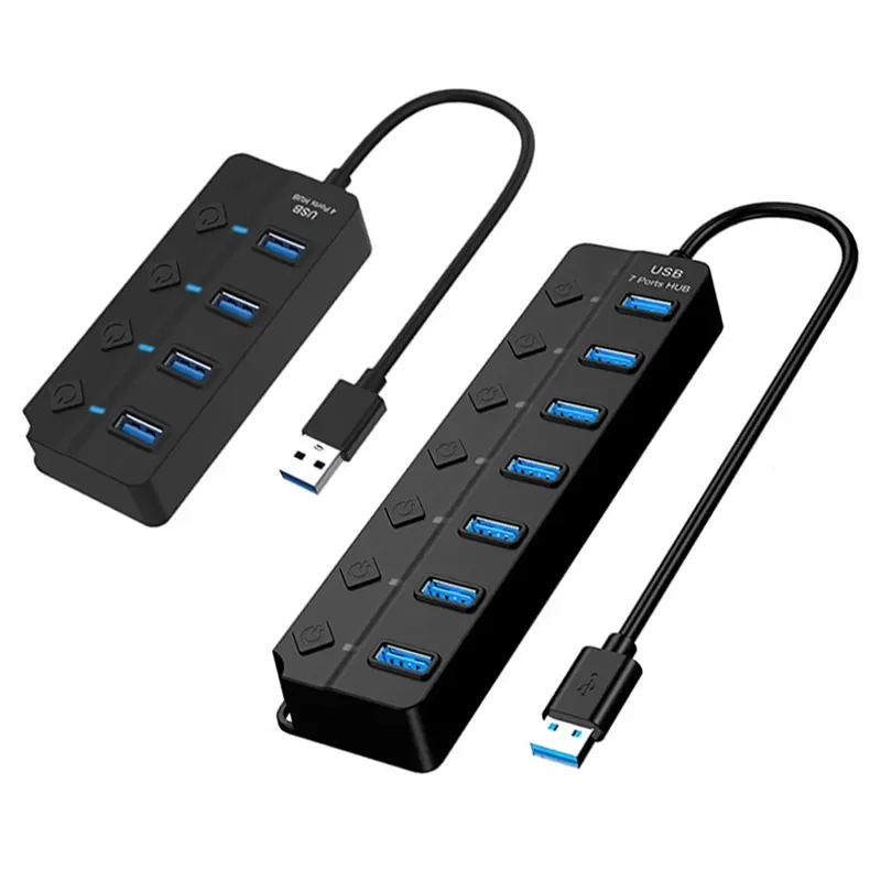 cantell 4 Ports 7 ports USB2.0 Hub independent Switch and LED light Splitter Adapter