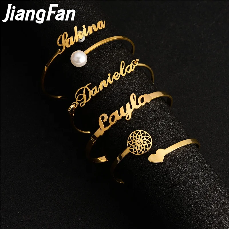 Stainless Steel 18k Gold Plated Bijoux Inoxydable Custom Adjustable Name Bracelet Bangle Pearl Charm Couple Bracelets Women