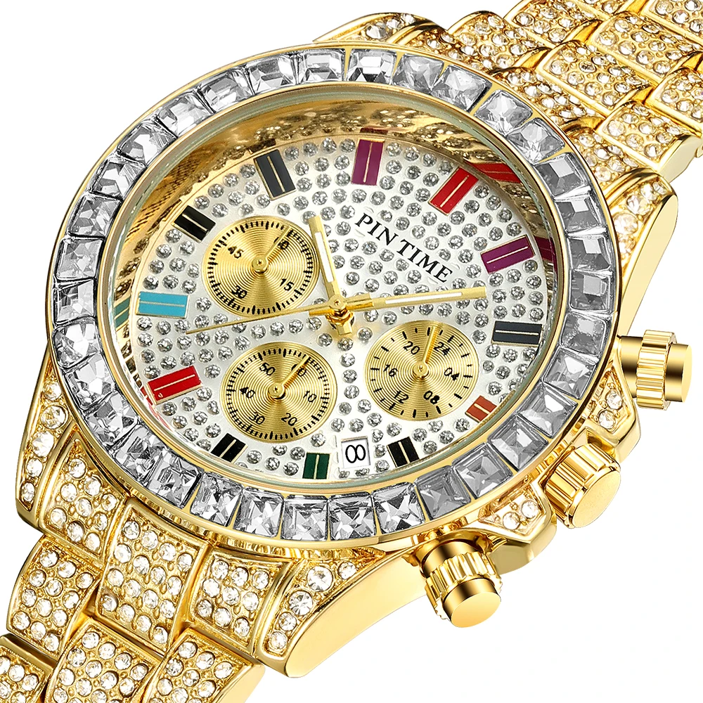 Chronograph Diamond Mens Watches Top Brand Luxury Steel Clock Waterproof Iced Out Watch Men Gold Quartz Wristwatch Date Relojes