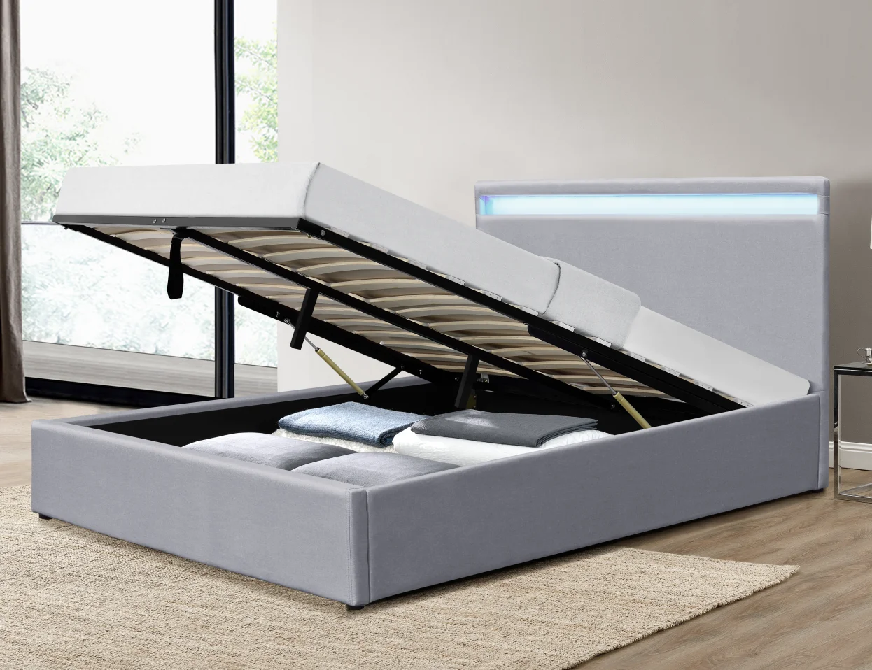 Заводская цена, светло-серая льняная ткань, одиночная мягкая светодиодная кровать с газовым подъемником для спальни