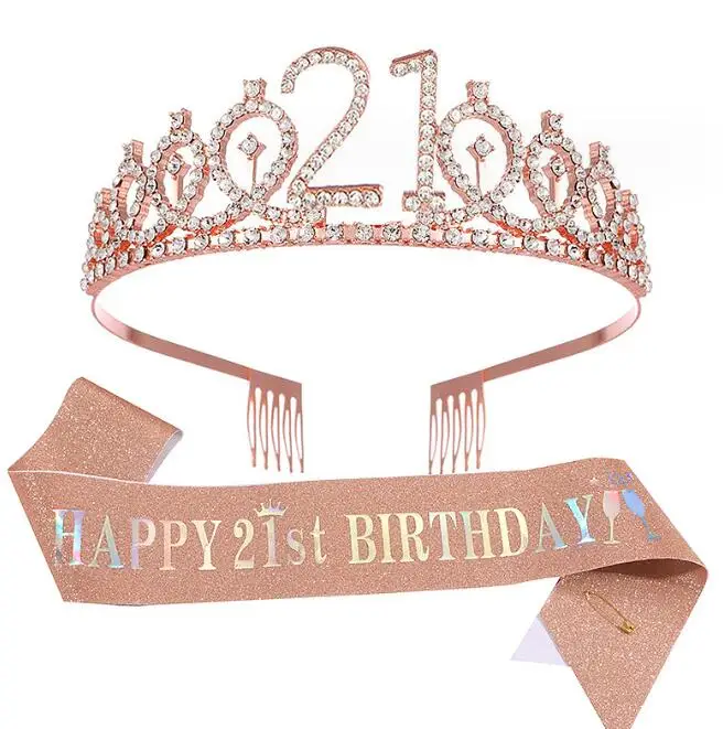 Crown Belt Etiquette Happy 21st Party Headpiece Crystal Birthday Woman Tiara And Sash