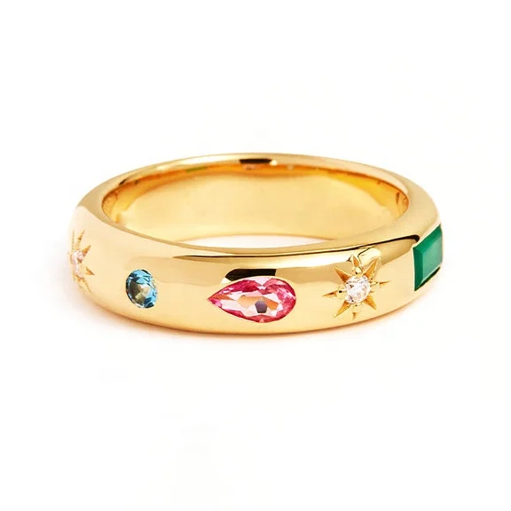 Milskye luxurious fine jewelry 925 silver 18k gold multi color mixed natural gemstone baguette marquise star moissanite rings