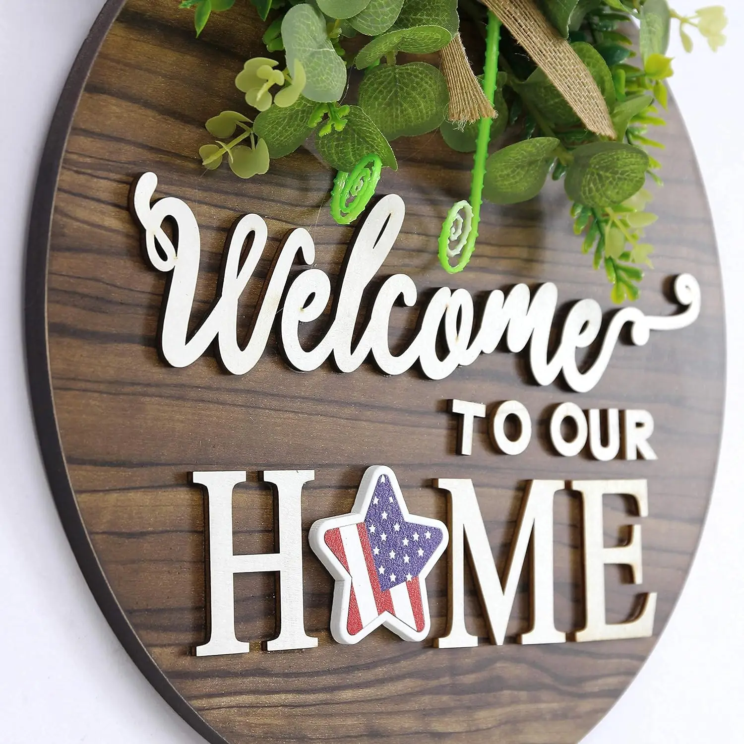 Wooden Wreath Welcome Signs Front Door Rustic Style Round Wooden Wreath Wall Hanging Outdoor Perfect for Halloween Christmas.