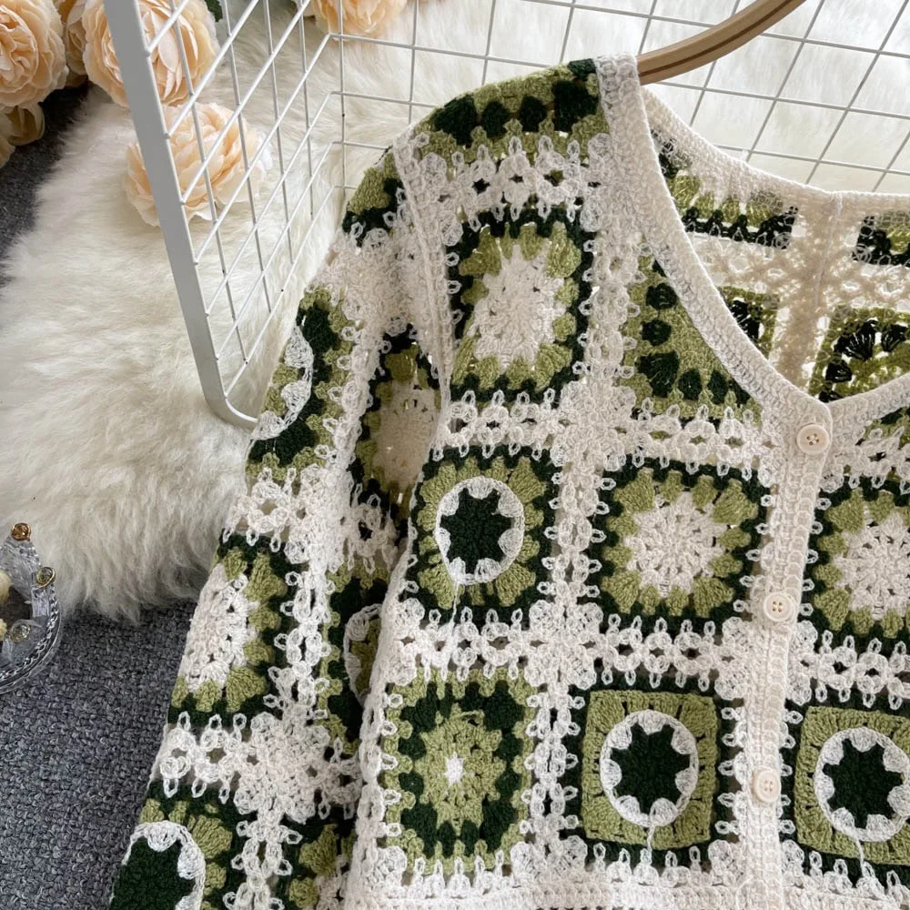 Women Vintage Crochet Square Cardigan Jumper Long Sleeve Button Down Floral Knitted Sweater Knitwear Cardigan