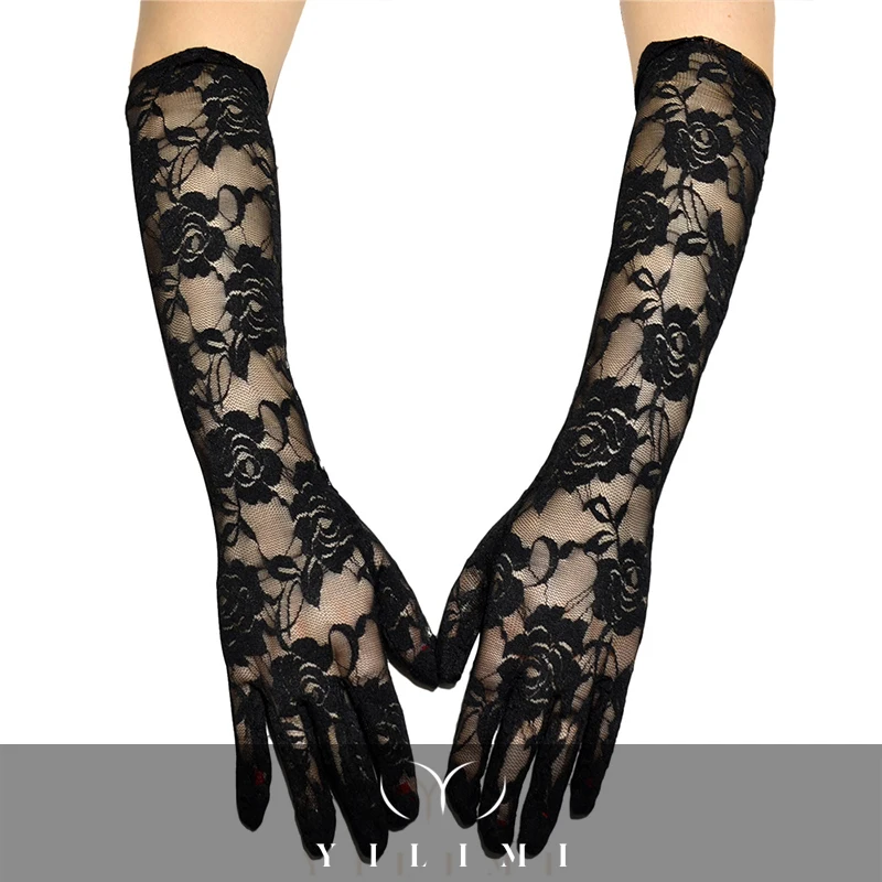Перчатки женские солнцезащитные длинные, пикантные модные кружевные тонкие для вождения, с цветами, для сенсорных экранов, с защитой от УФ лучей, летние