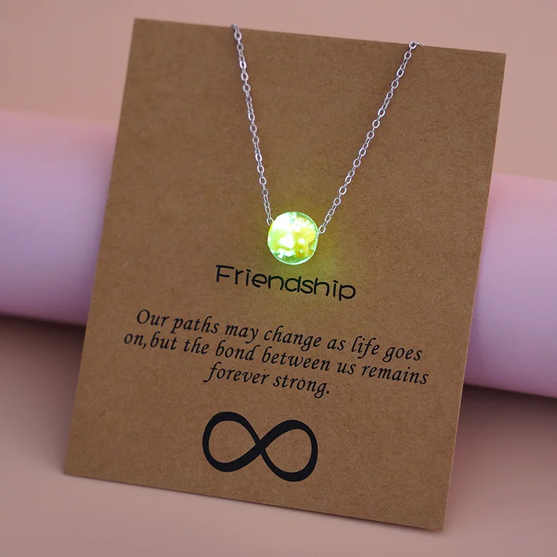 Cheap Bohemian Trendy Jewelry Wish Card Glowing Round Glaze Chamilia Beads Luminous Stone Collarbone Short Chain Necklace