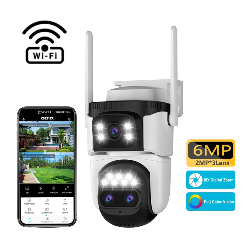 O-Kam Pro CS621ZR 6MP Three Lens Dual View Outdoor WiFi Camera Wireless 10X Digital Zoom Security Camera