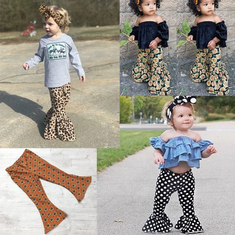 Hot selling girls 2-12 years old leggings wholesale leopard print children bell bottoms bells and ruffles