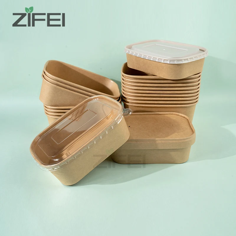 ZIFEI New style Custom Print LOGO Disposable Kraft Paper Lunch Box 750ml Salad Container Rectangular Paper Bowl with Lid