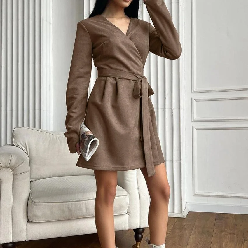 Micro Suede Sexy  Party Dresses Graduation Evening Ladies Front Short Back Long Women Commute Shearling Tie-up V-neck Mini Dress