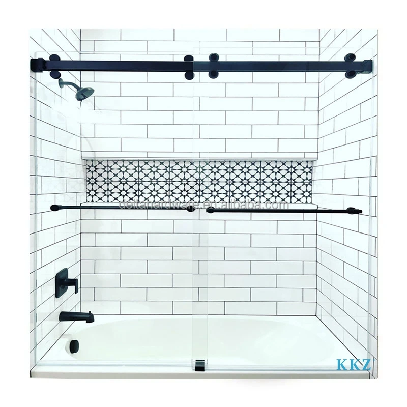 American Matte Black Stainless Steel 304 Frameless Shower Bypass Twin Sliding Glass Door Rollers Hardware System