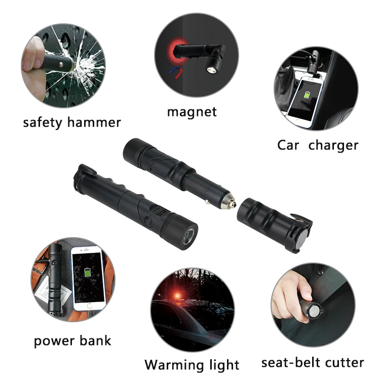 8-in-1 Safety Hammer Emergency LED Torch USB Car Charger with Magnetic Stand Power Bank