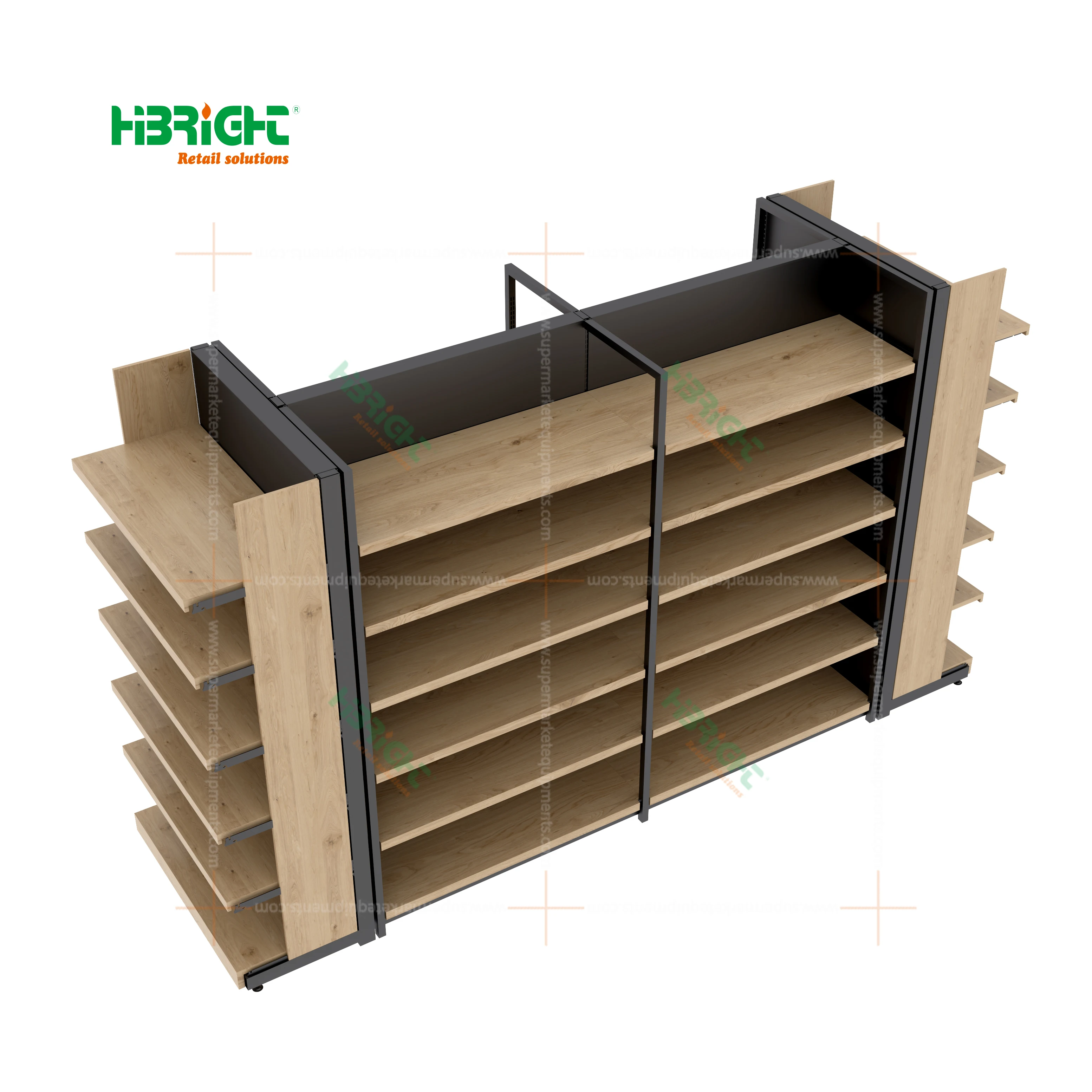 Steel frame wooden back panel supermarket shelf with promotion end frame