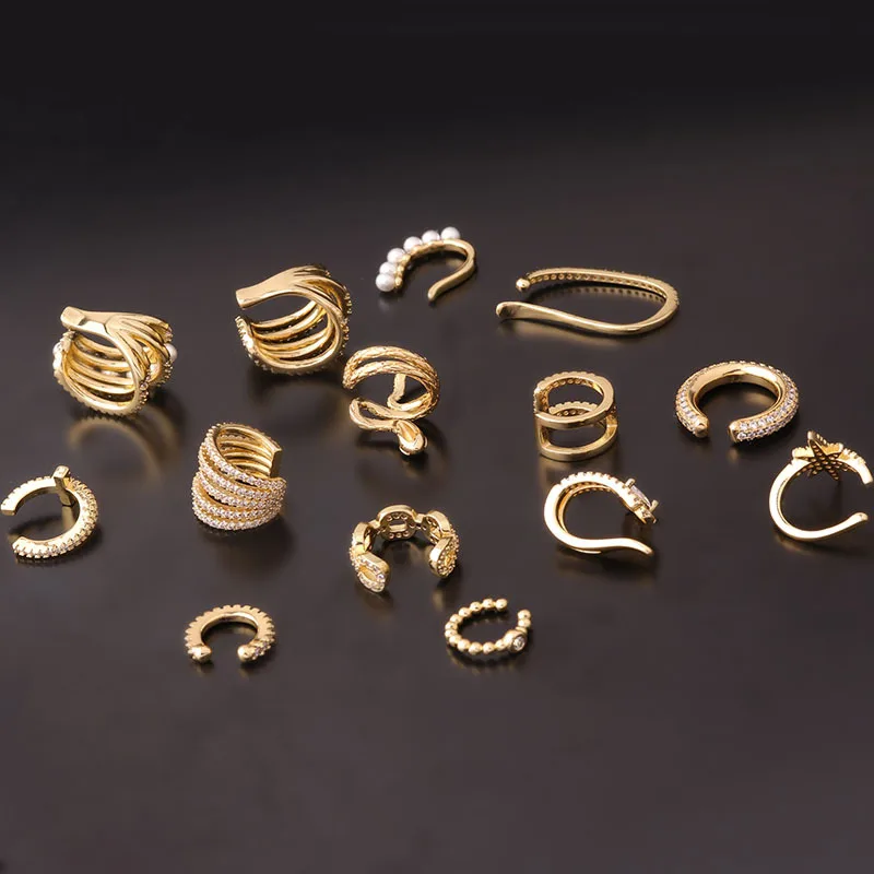 Exaggerated no piercing earrings jewelry copper gold plated geometric snake shaped zircon adjustable france pearl ear clip