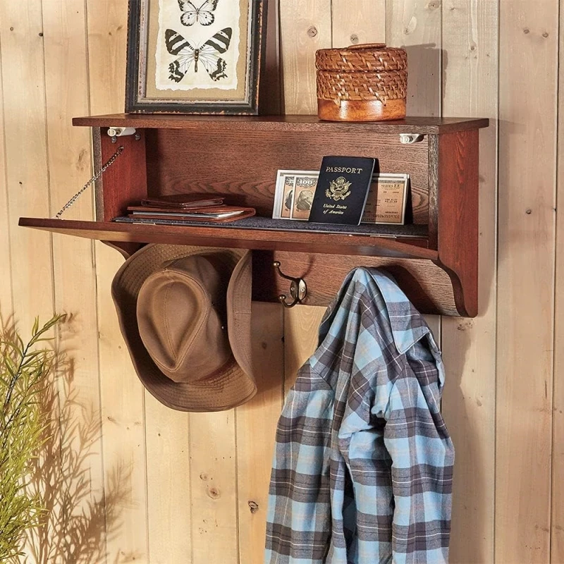 Rustic Wall Mounted Wood Concealment Shelf Storage Organizer Wooden Floating Shelf With 3 Hanging Hooks and Secret Compartment
