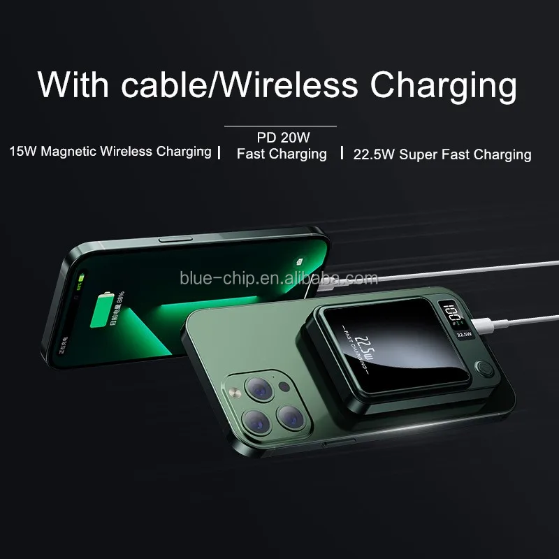 Newest Portable Charger 5000mah 10000mah Mini Power Bank Magnetic Wireless Charging Metal Power Banks With Led Display