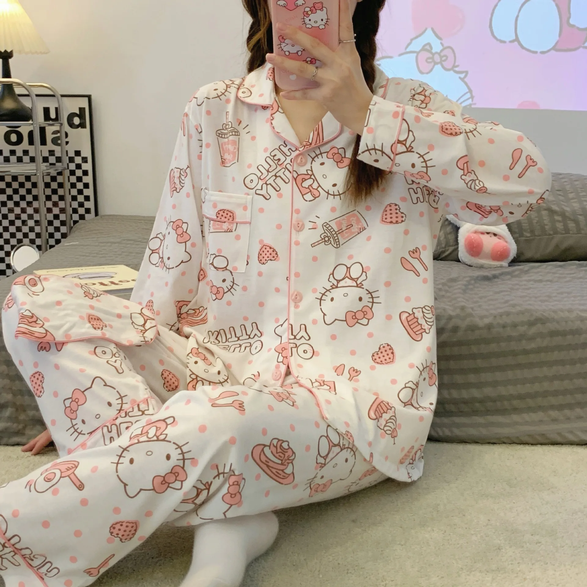 Высококачественная Милая мультяшная одежда hello Kittypjama домашний костюм из двух предметов комплект брюк с длинными рукавами женская для сна