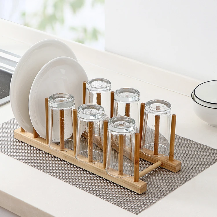 SANIPRO Supermarket Durable Bamboo FreeStanding Cup Drying Holder Dish Drainer Wooden Kitchen Utensil Plate Storage Racks