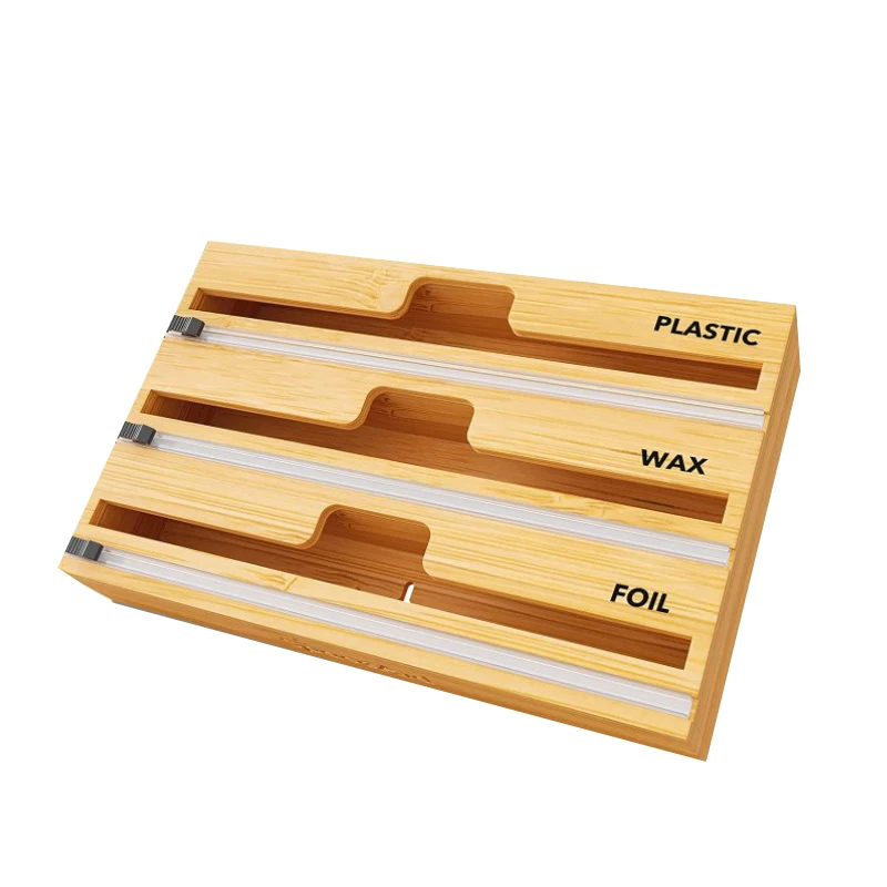 Wrap Dispenser Cutter and Label Plastic Wrap Aluminum Foil and Wax Paper Dispenser Kitchen Drawer Bamboo Roll Organizer