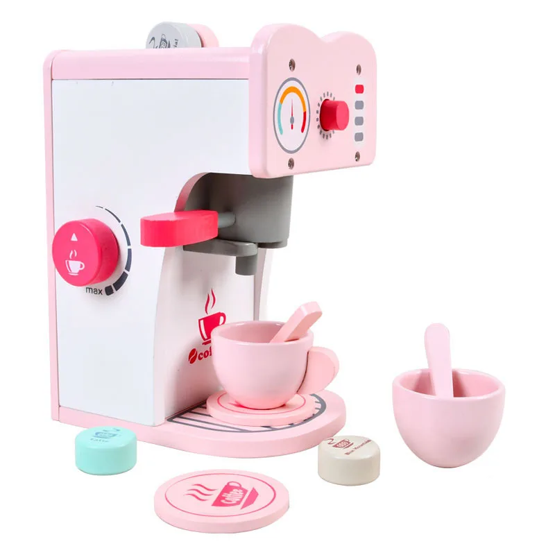 Baby Wooden Pink Simulation Bread Toaster Coffee Maker Game Educational Pretend Kitchen Set Toys For Girls