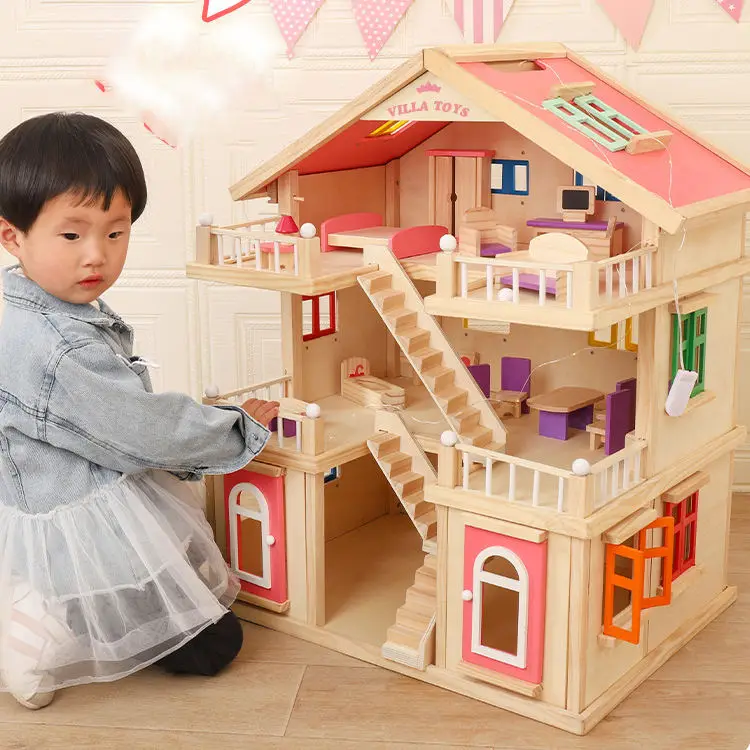 Baby Role play game toys 3 Floors Girls Petend Play house Game Kids Big Wooden Doll House For Children kids toddler