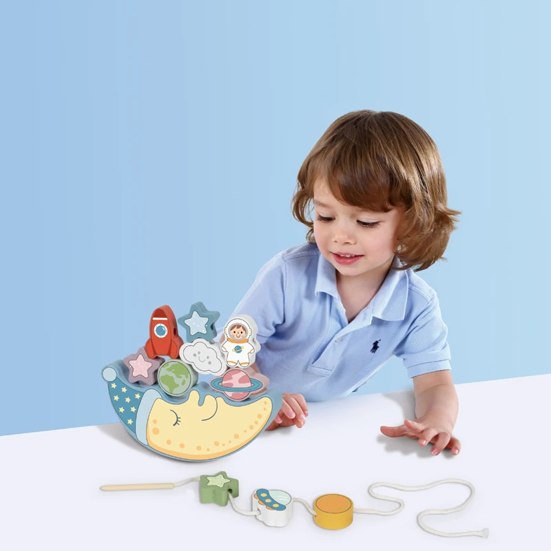 2 in 1 Wooden Space Balance Building Blocks Moon Balance Stacking Toys for Children Pull Push Cloud Lacing Blocks