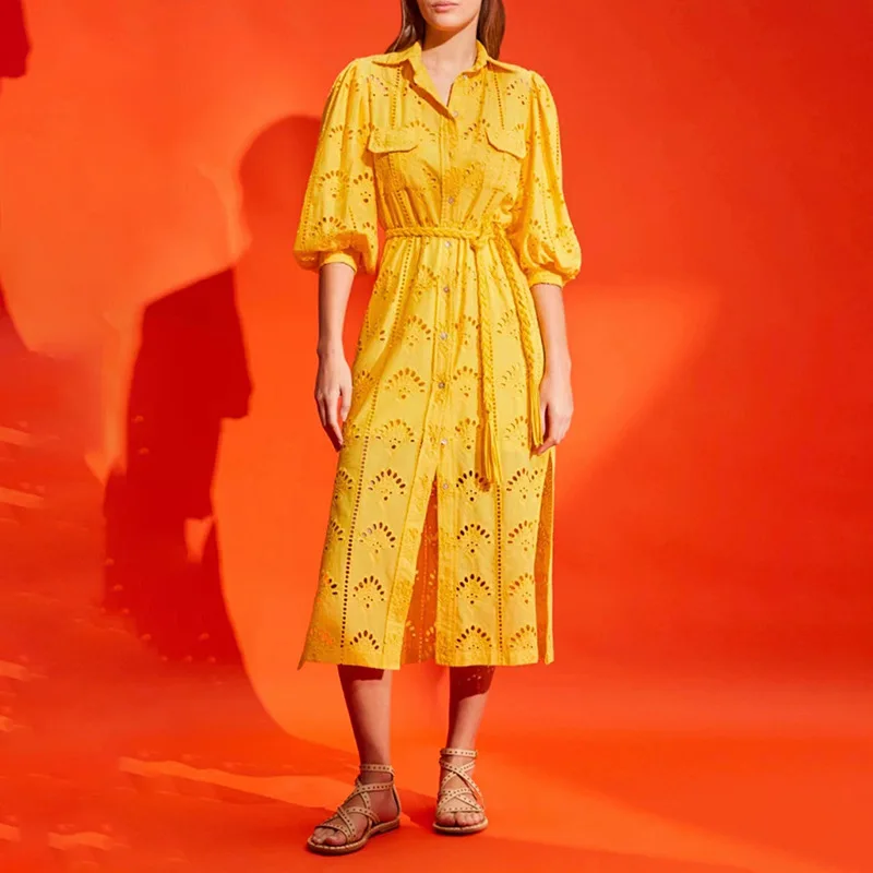 2023 Spring New Short-Sleeved French Retro Lapel Hollow Jacquard Waist Slimming Temperament Dress Women