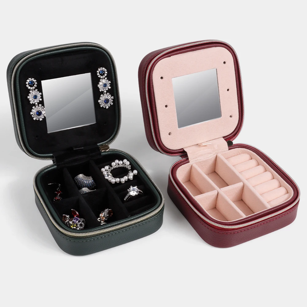 Retro Red Green PU Leather Small Jewelry Organizer Mirror Ring Earring Jewellery Travel Case