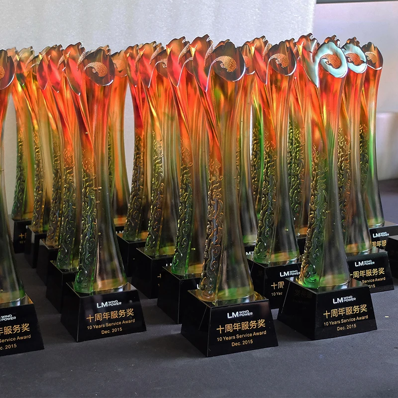 Jadevertu liuli decennial award trophy for the tenth 10th anniversary crystal awards glass trofeos