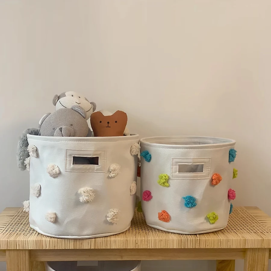 Cute Cotton Pompom Decor Children Toy Storage Bucket Knitted Laundry Basket Large Capacity Baby Toy Organizer